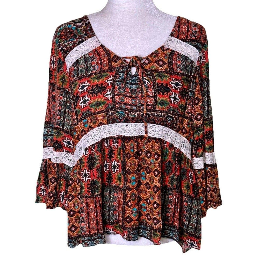 Women Boho Peasant Top Geometric Print Lace Trim Flowy Folk‎ Blouse Size Large